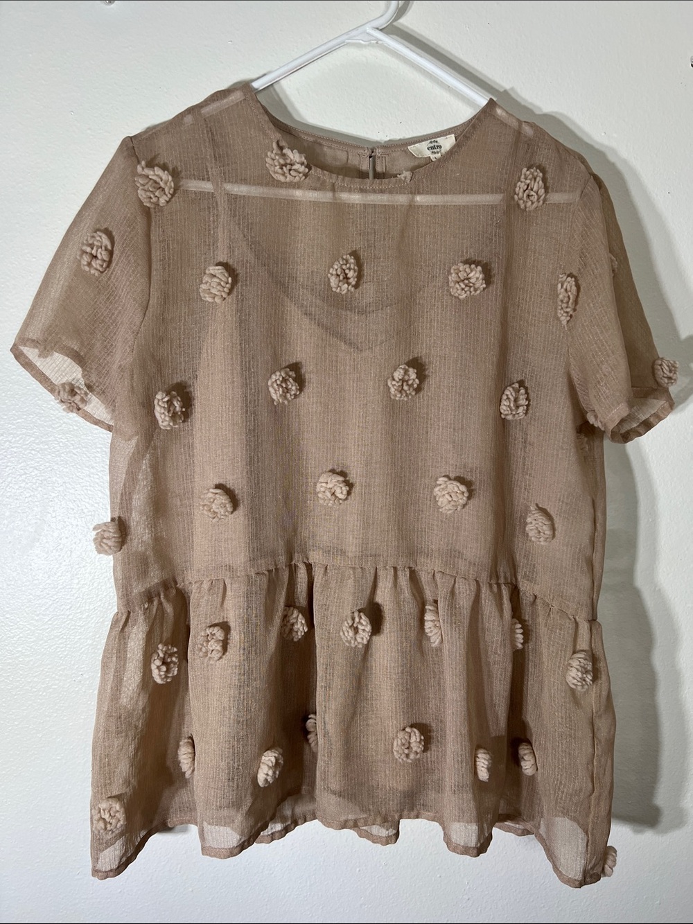 entro Neutral Taupe Sheer Blouse with Pom-Pom Texture